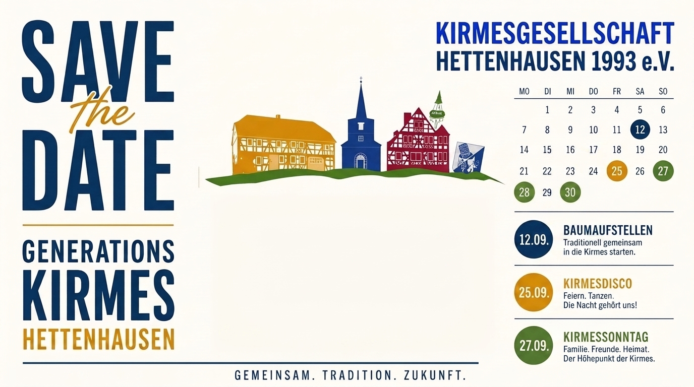 Save the Date Plakat Generations Kirmes Hettenhausen 2026 der Kirmesgesellschaft Hettenhausen 1993 e.V. mit den drei Veranstaltungsterminen 12.09. Baumaufstellen, 25.09. Kirmesdisco und 27.09. Kirmessonntag.