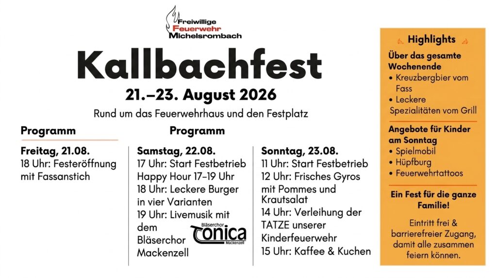 Kallbachfest 2026 der Freiwilligen Feuerwehr Michelsrombach, 21. bis 23. August