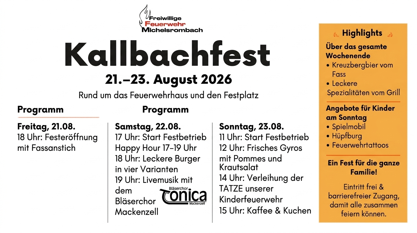 Kallbachfest 2026 der Freiwilligen Feuerwehr Michelsrombach, 21. bis 23. August